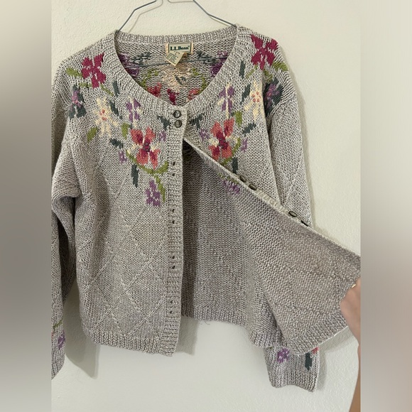 Vintage L.L. Bean Floral Knit Women's Sweater Tan/pink Button Up Cotton Ramie S - Picture 3 of 11